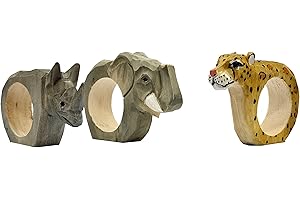 your castle Serviettenringe|Handgeschnitzt|Tierdesign - Elefant, Nashorn, Leopard|3er-Set|aus Holz|Handbemalt|Vielseitig einsetzbar|mit Standfestem Boden|9x7x2 cm