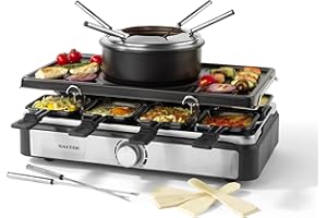 Salter Electric Raclette Grill & Fondue - 2-in-1 Smokeless Indoor Grill, 1.3L Chocolate Melting/Cheese Fondue Pot, 6 Forks, Adjustable Temperature, 8 Non-Stick Pans & Wooden Spatulas, 1400W