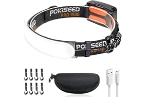 POKISEED Linterna Frontal LED Recargable 1500 Lúmenes, Linterna Cabeza USB-C 5000 mAh, Haz Ancho 230°, 3 Modos, IPX6 Impermeable, Ligera, Clips para Casco, para Correr, Camping, Caza, Pesca y Trabajo