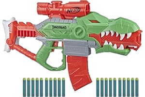 HASBRO NERF DinoSquad Rex-Rampage Motorized Dart Blaster, 10-Dart Clip, 20 Official Darts, 10-Dart Storage- T-Rex Dinosaur Design