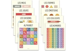 BAMMI 8 Affiches Éducatives 30x42cm – Posters Pédagogiques pour Enfants : Alphabet, Nombres, Couleurs, Formes, Jours, Mois, Émotions, Saisons