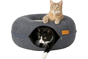 PISI BILI Katzentunnel aus Filz 60x60x28 Katzenbett flauschig rund Katzenhöhle Tunnel Donut Katzendonut Bett Spiele Katzen mit waschbarem Kissen Bezug Katzenkörbchen als Schlafplatz Kuschelbett - Anthrazit