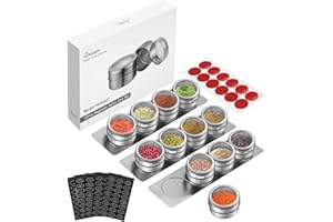 HOMGEN 12PCS Tarros de Especias Magnéticos de Acero Inoxidable Botes Para Especias Magnéticas de 100 ml con Etiquetas Recipientes Magnéticos con Tapas y Chasis para Cocina, Barbacoa