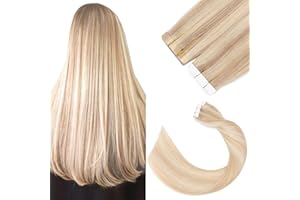 Silk-co 18inch Tape in Hair Extensions Real Human Hair Extension Greatlighted #18P613 Ash Blonde&Bleach Blonde Skin Weft Seamless Straight Silky Soft Hair Extension 20 Pcs, 50g/Set