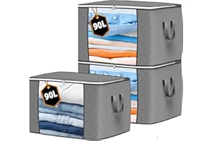 KURNI Storage Bags Clothes Organizer 3 Pack Grey, Large Moving Boxes With Top Lid 90L Capacity, 3 Sided Zipper Storage Box. Dust/Mites & Moisture Proof 60 x 43 x 35cm