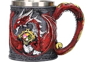 ZONSUSE Taza de Dragón Medieval, Jarra Gótica de Dragón, Taza de Café de Acero Inoxidable, con Mango de Cola de Pterosaurio, y Piedras Preciosas Decoración, Ideas Regalo 450ml (Rojo Dragon)