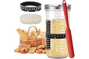MEMOEVER Sourdough Starter Jar Kit Lid Set, 24Oz, 730ml Glass Round Jar with Thermometer, Feeding Date Band, Cloth Cover, Silicone Scrape, Suitable for Bread Fermentation, Reusable Sourdough Starter for Baking