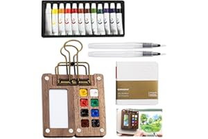 BISIENYA Portable Palette Pocket Artist Travel Set, 8-Grid Watercolour Palette with Metal Clip, Travel Watercolour Set (With 12-Color 5ml Watercolor Paint, Portable Drawing Book and 2 Fountain Pen)