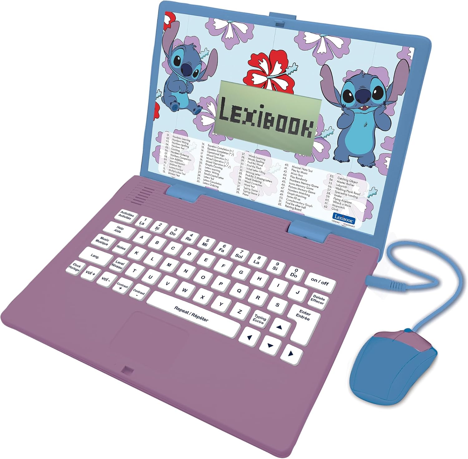 Lexibook, Disney Stitch, Ordenador Educativo bilingüe en inglés/español, 124 Actividades de lenguaje, Escritura, matemáticas, lógica, música y Juegos, para niños y niñas, JC598Di2