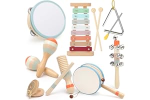 OFNMY 10 In 1 Kinder Musikinstrumente, Kinderspielzeug ab 3 Jahre, Montessori Spielzeug, Holzspielzeug Baby Schlagzeug Kinder Trommel, Percussion-Instrumente Set, Geschenkideen für Jungen Mädchen 3+