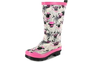 Platino Brandie rubber garden waterproof Girls/kids long leg Wellies cute grey pink Pug Dog printed design pet wellington boots Cotton and textile lining