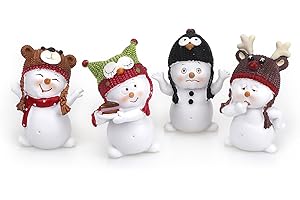 TEMPELWELT 4 x Deko Figur Schneemann mit Wintermütze im Set je ca. 5,5 cm hoch, Polystein weiß mit bunten Mützen, Schneemänner Figuren Geschenkdeko Winter Weihnachten