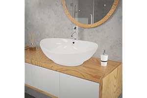 ECD Germany Vasque à Poser Lavabo Suspendu - 590 x 390 x 200 mm - en Céramique - Ovale - Blanc - Lave-Main Salle de Bain - Vasque Lavabo Salle de Bain Toilette - avec Trop-Plein et Trou de Robinet