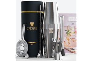 ‎TWICE ELEMENT Twice Element® Cocktail Shaker Set - Edelstahl Shaker im Boston-Stil | Reichhaltiges Zubehör für einfachste Handhabung | Bonus-Rezeptbuch, Elegante Geschenkbox & Aufbewahrungstasche (Schwarz)