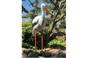 GMM Cigüeña blanca grande altura natural 80 cm de estanque estatua decoración exterior con pedestal accesorio decoración estanque