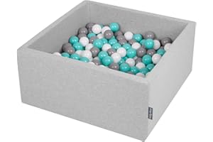 KiddyMoon 90X40cm/300 Bolas ∅ 7Cm El Cuadrado Piscina De Bolas para Ninos Hecha En La UE, Gris Clr:Blanco/Gris/Turquesa Clr