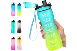 Binudum Butelka na napoje, motywująca butelka na wodę ze znacznikami czasu, sportowa tritan, bez BPA, szczelna, dla młodzieży, dorosłych, do studia fitness, na zewnątrz (niebiesko-złota, 750 ml)