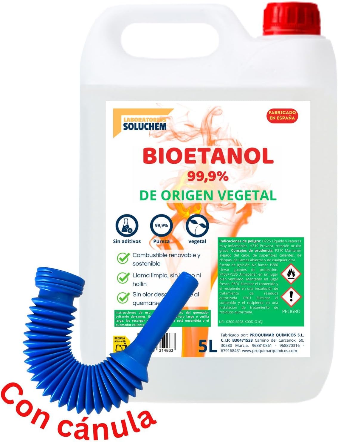 Bioetanol 99,9% Origen Vegetal | Con Cánula | Combustible Limpio para Chimeneas de Bioetanol | Sin Humo ni Olor | Ecológico y Renovable | Apto para Quemadores y Estufas de Bioetanol (5 litros)