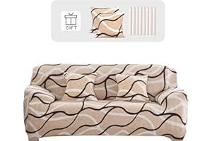 Lydevo Sofa Cover 4 Seater Stretch Sofa Cover Universal Sofa Slipcover 1 Piece Spandex Loveseat Couch Cover Washable Elastic Fabric Furniture Protector for with 2 Cushion Covers,Brown Line