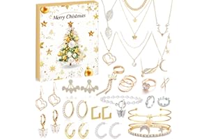 Hifot Calendrier de l'avent Bijoux, Calendrier de l'avent 2024 Femme Fille Enfant Bracelet Collier Bague Boucles d'oreilles 24 Surprises Cadeaux de Noël pour Épouse Mère Petite Amie Fille
