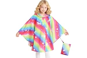 Keyck Kids Rain Poncho Girls Boys Raincoats Jacket Waterproof Ponchos Reusable Rain Coat Hooded Rainproof Cape with Portable Bag for School Camping, Outdoor Rainwear for 3-14 Years