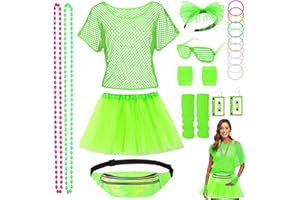 MRSCLAUS 80er 90er Jahre Outfit Damen Zubehör Set Netzshirt mit Tutu Stirnband Ohrring Halskette 80 er Neon Kostüm Party Outfit Netzoberteil Damen 80er Kleidung für Karneval Fasching Fraun Mädchen