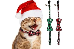 HONMOK 2pcs Noël Colliers de Chat Cravete pour Petit Chien Motif Flocon de Neige Noeud Papillon de Fête avec Clochette Collier Animaux à Compagnie Réglable 22 à 28cm(Couleur Rouge et Vert)