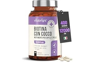 Biotina Capelli 12.000 µg Ultra Forte | Scorta per 1 Anno | Integratori Per Capelli Donna e Uomo | Cocco e B7 Vitamine Per Chioma Crescita e Brillantezza | Biotina Unghie | VitaBright Biotin