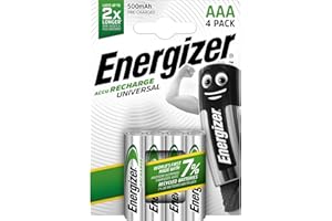 Energizer Recharge Universal - Batterie Ricaricabili AAA (Confezione da 4) - Pile 500 mAh NiMH - pronte all'uso - potenza di lunga durata - 100% imballaggio riciclabile privo di plastica