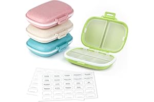 BASEOLA 4 Stück Reise-Pillenbox mit Etiketten – 8 Fächer, Tablettenbox Pillen Organizer für die tägliche Medizin – kleine Pillendosen Medikamentenbox, geeignet für Vitamin