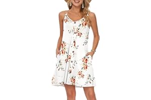 WNEEDU Robe D'été Femme Bretelles Spaghetti de Plage Robes Décontractée Courte Col en V avec Poches