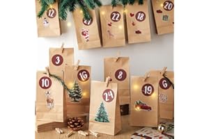 I LOVE MOM Calendrier de l'Avent à remplir, calendrier de l'Avent, calendrier de Noël à remplir, 24 sacs en papier avec autocollants, pinces en bois, calendrier de l'Avent à remplir soi-même, sacs cadeaux