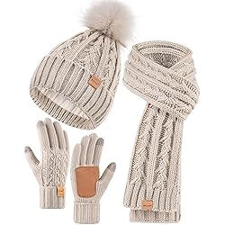 HEYO Damen Winter-Set – Strickmütze Mit Umschlag, Schal & Handschuhe In Beige (100% Acryl)
