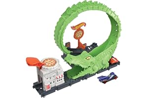 Hot Wheels Track Set with 1 Hot Wheels Car, Adjustable Track that Connects to Other Sets, Gator Loop Pizza Place Playset​, HKX39
