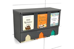 MARTEA Teeregal Wand Teebeutelspender hängend Tee Aufbewahrung schwarz/weiß/grau Küchen Organizer (grau, Kunststoffdeckel)