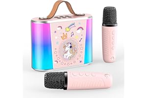 PKBD Karaoke Machine for Kids with 2 Wireless Microphone,Mini Portable Karaoke Bluetooth Speaker with Voice Changing Effects & LED Lights,Gifts for Girls Boys Age 3-15(Pink)