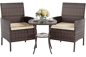 UDPATIO Set Mobili da Giardino 2 Poltrone e 1 Tavolino in Rattan PE Impermeabile per Esterno con Cuscini Arredo Terrazzo, Giardino, Esterni, Salotto Resistente alle Intemperie Marrone