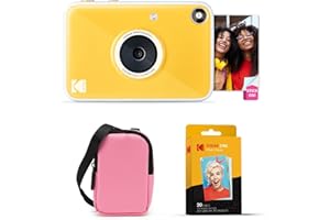 KODAK Printomatic+ Instant Print Digital Camera Starter Bundle + Carrying Case (Pink) + Zink 20pk Sticky-Back Photo Paper - 10MP, Full-Color Photos, GB LED Status Indicator - Yellow