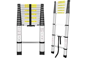 YA MI Telescoping Ladders, 12.5FT Single Button Aluminum deceleration Design Expansion Ladders for RV, Attics, Families, Outdoor Work, with a Maximum Bearing Capacity of 330lbs