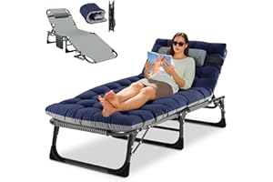 Obqer Folding Sun Lounger for Garden, 200KG Heavy Duty Camping Bed, Portable Sun Loungers Chair with Mattress and Headrest, 5 Adjustable Backrest, Guest Bed for Garden Pool Patio Travel Office