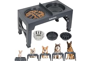 Salxmem Raised Dog Bowl, Upgraded Elevated Dog Bowls with Stand, Slow Feeder, Non Spill Slow Water & 2 Stainless Steel Bowls, 5 Heights Adjusts to 8cm/22cm/25cm/28cm/31cm for Large Medium Small Dogs