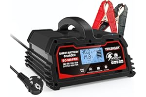 Yinleader Cargador de batería de automóvil 30A 12V/24V 15A/10A/5A Cargador de batería inteligente de mantenimiento con pantalla LCD, cargadores para batería de 12V LiFePO4 - Negro