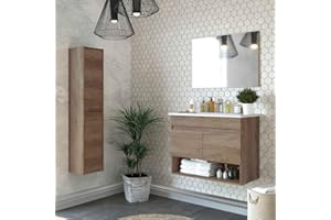 Inbagno Mobile bagno sospeso 80 cm, 2 ante e vano a giorno serie Oasi, colore rovere con venatura naturale, COMPLETO di lavabo, specchio e pensile alto