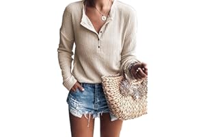 WNEEDU Pull Femme à Manches Longues en Tricot Gaufré Tunique T-Shirt Chemise Henley Décontracté Col V avec Boutons