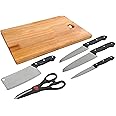 Concepta Wooden Chopping Board with Knife Set and Scissor, 6 Piece Stainless Steel Kitchen Knife Knives Set with Knife Scissor, Knife Sets (Wooden Brown Color)