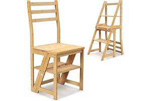 RELAX4LIFE Sedia e Scala in Bambù, Sedia e Piedistallo Convertibili con Blocchi di Sicurezza per Adulti, Scala a 4 Gradini 2 in 1 per Casa Biblioteca Ufficio, Portata 150 kg