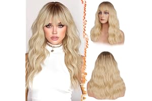 BARSDAR - Peluca rubia degradada ondulada de 46 cm con flequillo, peluca sintética ondulada y rizada de longitud a los hombros para mujeres, perfecta para uso diario, fiestas y disfraces de Halloween