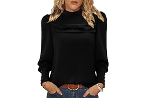 KISSMODA Womens Puff Long Sleeve Mock Neck Blouses Pleated Front Shirts Basic Trendy Dressy Tunic Tops Solid Color Fall Outfits with Button Cuff