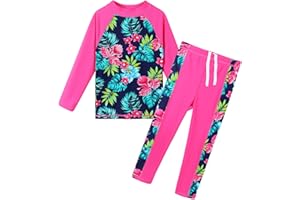 ZNYUNE Girls 2PCS Leaves Printed Swimwear Long Sleeve Swimsuit Set Kids Bathing Suit Swimming Costume for Age 3 to 10 Years