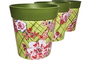 Hum Flowerpots, 22cm Set of 3, Various Patterns Colours and Sizes, Indoor/Outdoor Plastic Plant Pots, Floral Trellis green